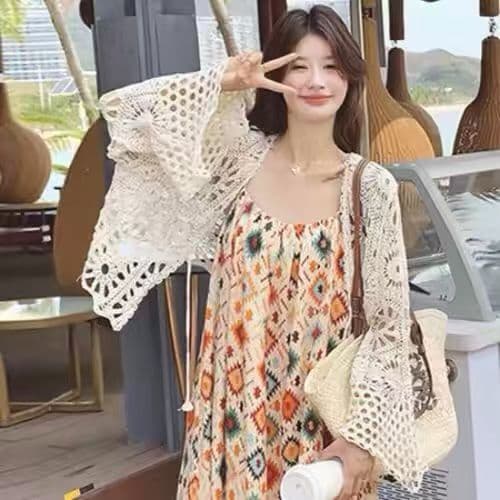 새로운 자수 홀로우 아웃 니트 블라우스 여름 외부 가져 가라. 보헤미안 해변가 휴가 바람 긴팔 맨위 태양 보호 셔츠 여성 상세 이미지 2