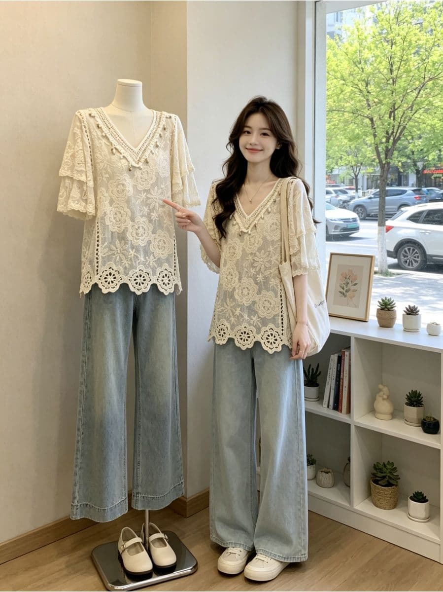 휴가 바람 새로운 중식 국풍 여름 반팔 시리즈 V넥 바인딩 무거운 작업 자수 캐주얼 니트 스웨터 맨위 트렌디 이미지 3