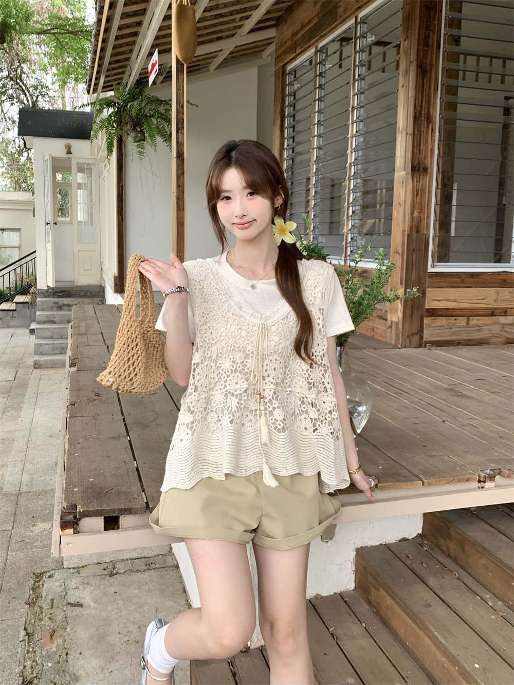 실사 빅 사이즈 여성 의류 새로운 자수 홀로우 아웃 레트로 캐미솔 루즈핏 블라우스 다용도 베스트 맨위 이미지 2