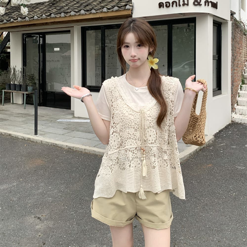 실사 빅 사이즈 여성 의류 새로운 자수 홀로우 아웃 레트로 캐미솔 루즈핏 블라우스 다용도 베스트 맨위 이미지 5