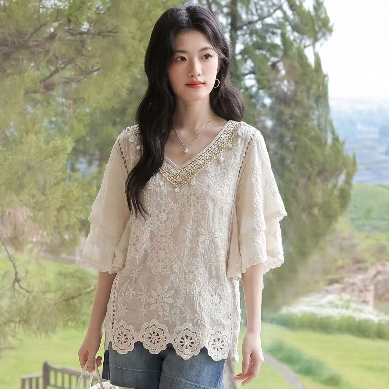 휴가 바람 새로운 중식 국풍 여름 반팔 시리즈 V넥 바인딩 무거운 작업 자수 캐주얼 니트 스웨터 맨위 트렌디