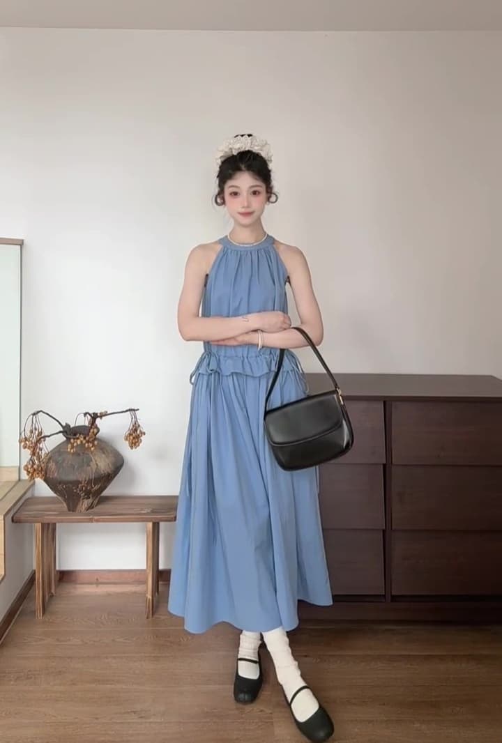 디자인 센스 행침 목 여성 드레스 2026 여름 새로운 파란색 민소매 조끼 길다 치마 상세 이미지 6