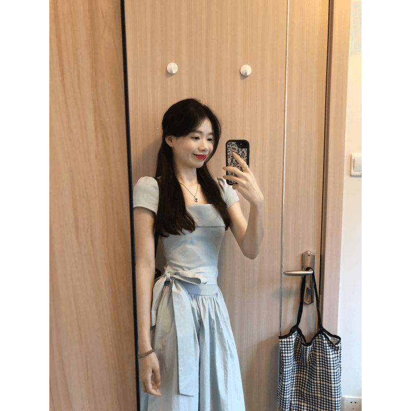 프랑스식 신선함 디자인 센스 허리 수축 품격 드레스 아이들 여름 2026 새로운 반팔 광장 칼라 휴가 롱 스커트 이미지 6