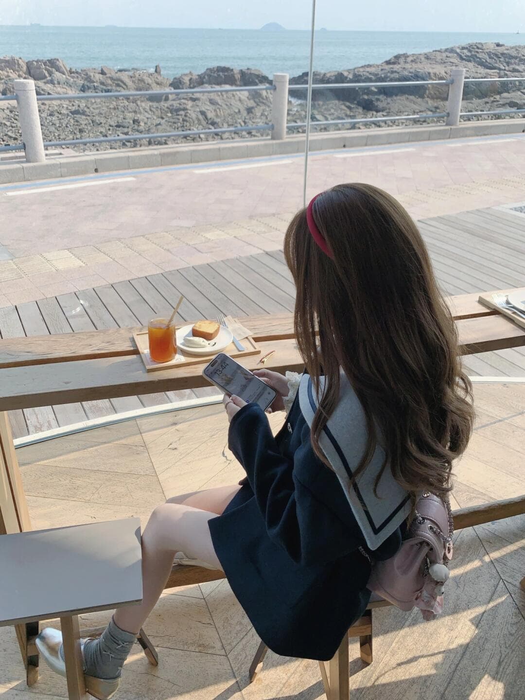 한 부서 학원 스타일 세트 여성 2026 가을 새로운 해군 칼라 배색 블루 색상 모직 세트 재킷 투피스 세트 이미지 5