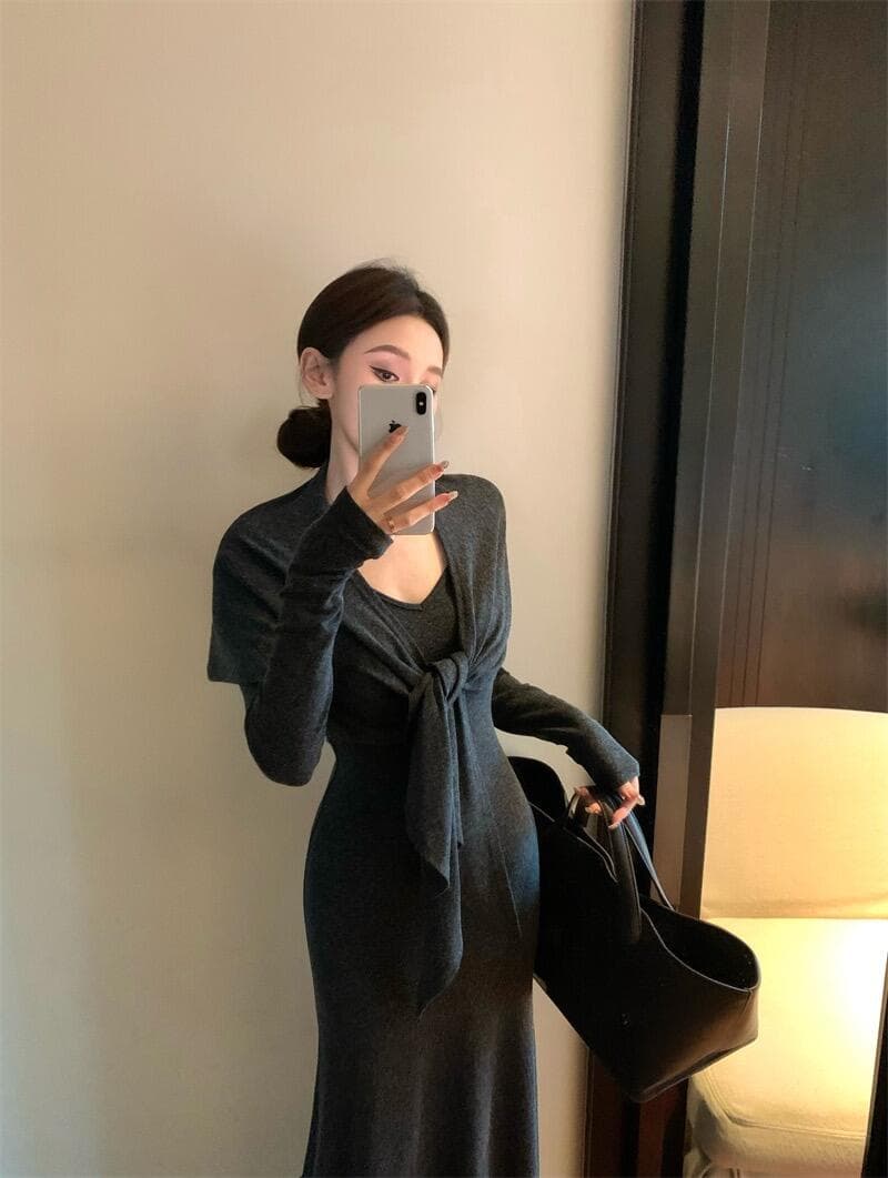 2026 가을 새로운 빛 요리 한 명문 여성 바람 세련된 디자인 센스 핫걸 슬림해 보이는 몸매 가꾸기 티셔츠 드레스 숄 상세 이미지 2
