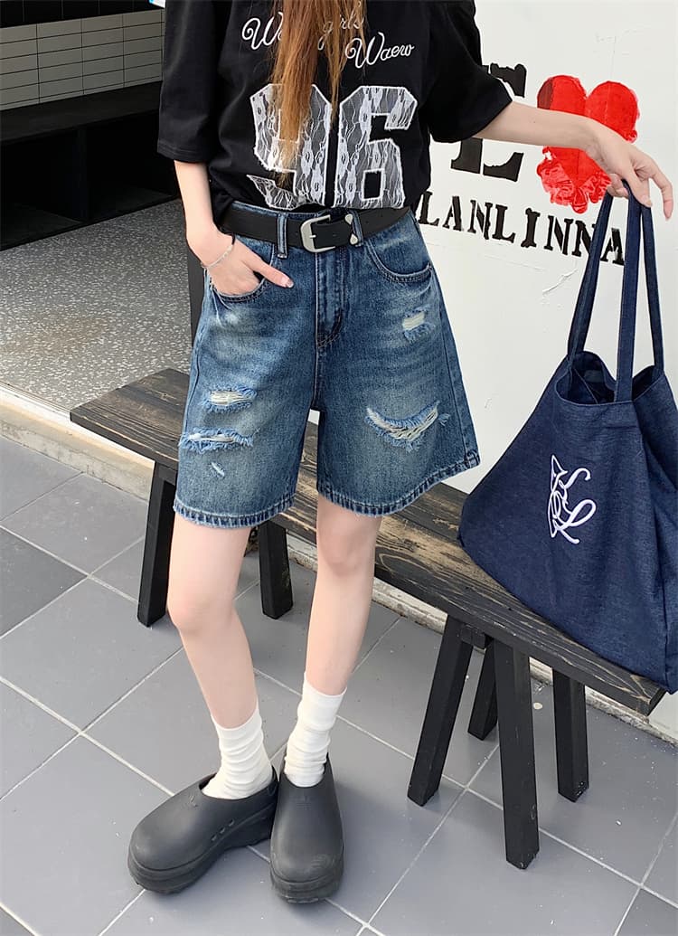 실사 아메리칸 레트로 찢어진 부분 데님 오부 바지 여성 새로운 하이웨이스트 루즈핏 슬림해 보이는 스트레이트 다용도 반바지 상세 이미지 11