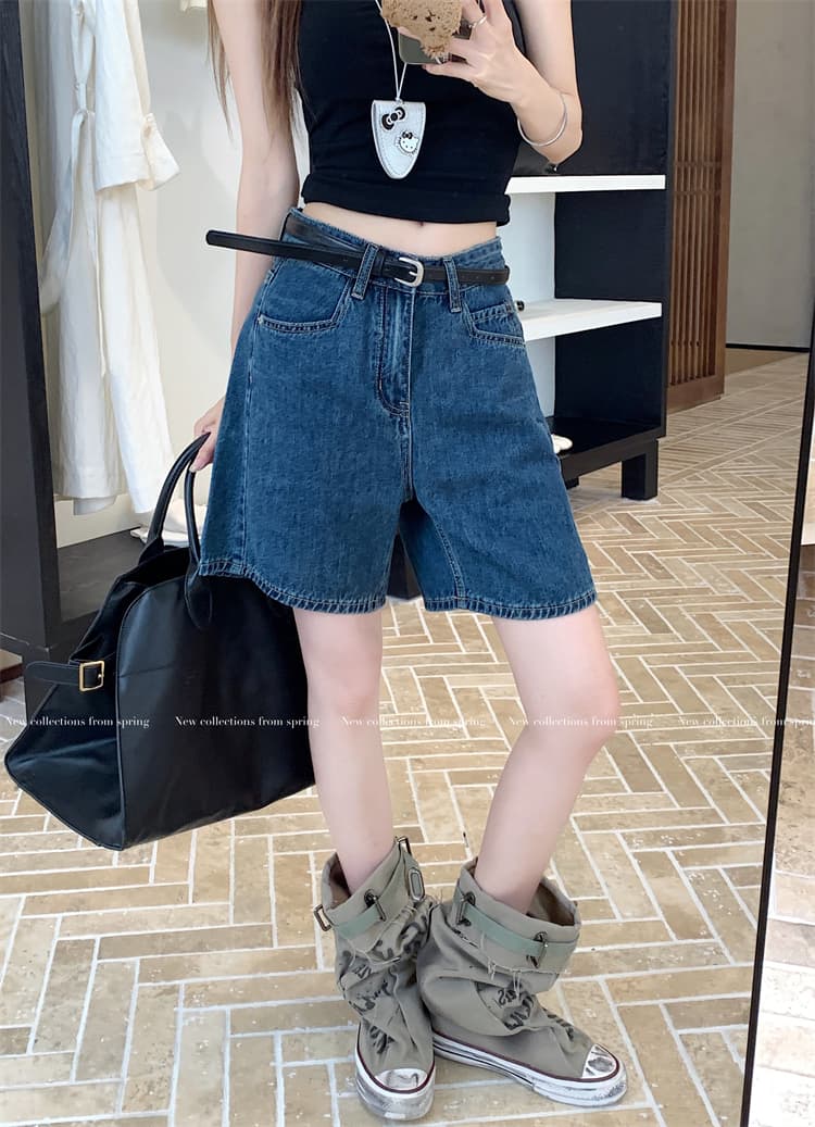 실사 레트로 워싱 넓은 다리 데님 반바지 여성 새로운 하이웨이스트 루즈핏 한 마디 다용도 스트레이트 바지 상세 이미지 2