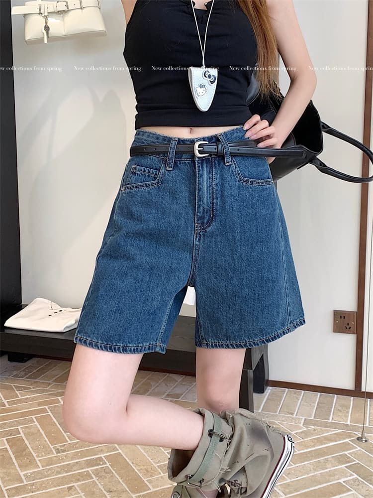 실사 레트로 워싱 넓은 다리 데님 반바지 여성 새로운 하이웨이스트 루즈핏 한 마디 다용도 스트레이트 바지 상세 이미지 7
