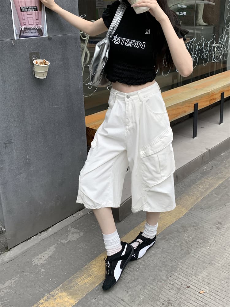 실사 아메리칸 높음 거리 빅 포켓 디자인 워크웨어 7 점 청바지 여성 하이웨이스트 루즈핏 스트레이트 넓은 다리 바지 상세 이미지 12