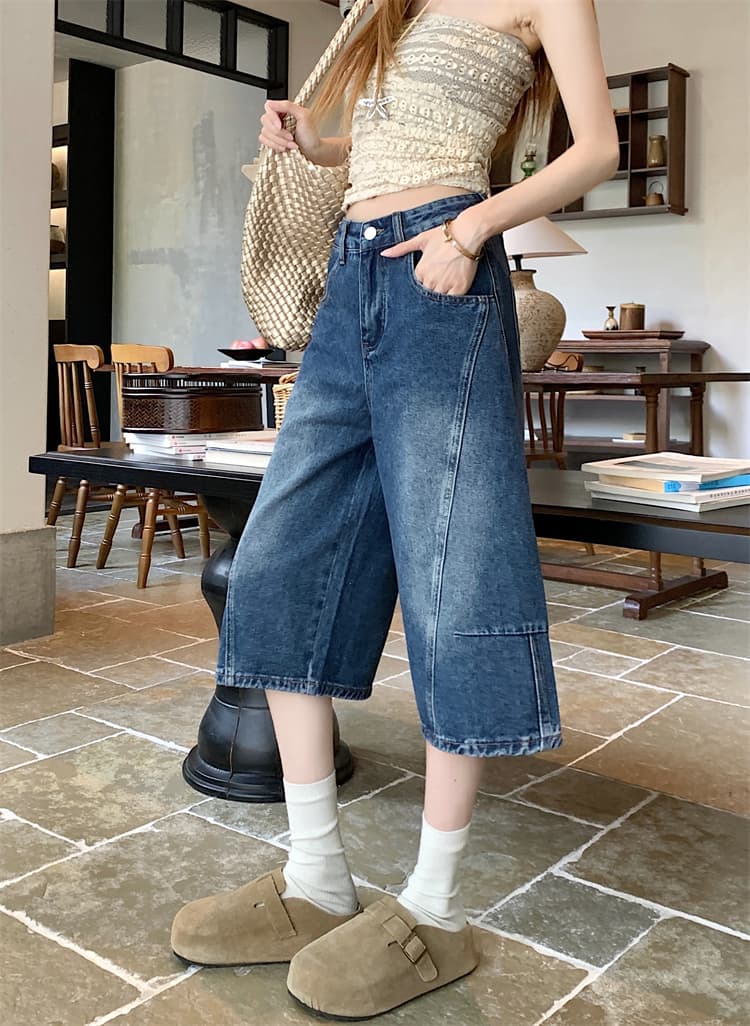 실사 아메리칸 레트로 넓은 다리 7 점 청바지 여성 하이웨이스트 디자인 센스 모통이 칼 스트레이트 다용도 바지 상세 이미지 6