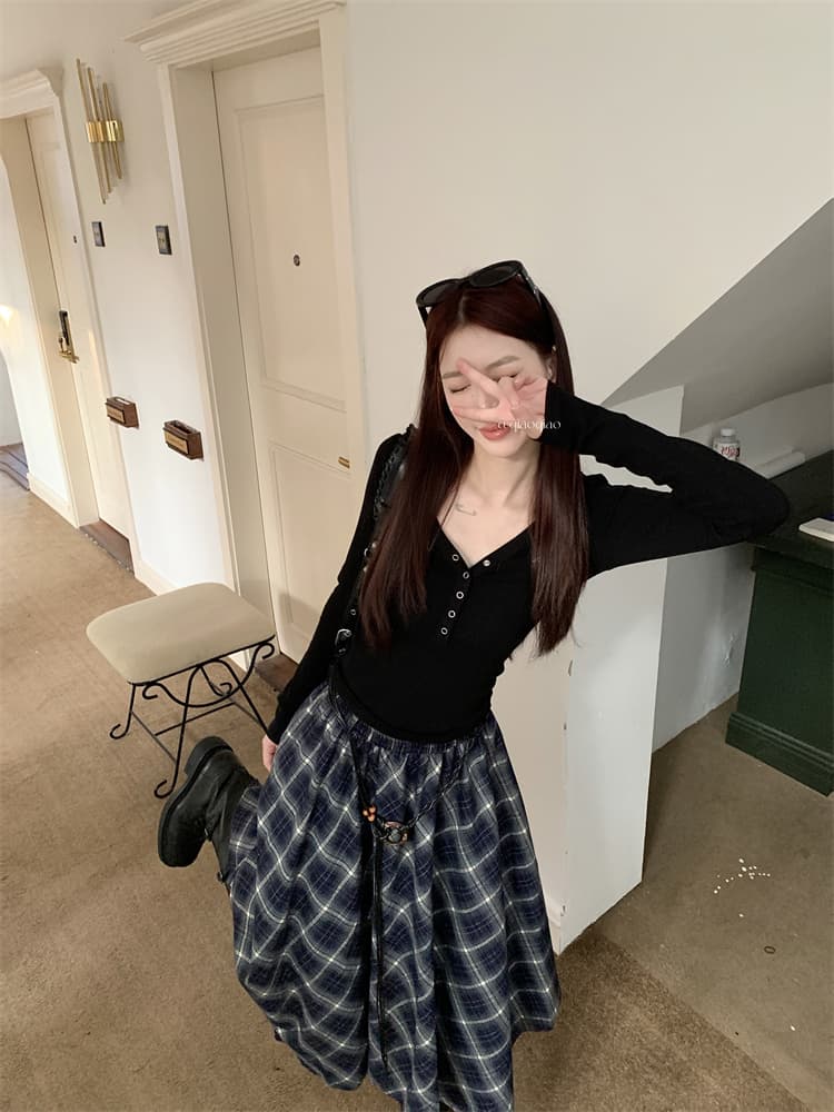 실사 불규칙 레트로 체크무늬 플리츠 반신 스커트 여성 가을 하이웨이스트 한 마디 도루 센스 품격 중간 길이 스커트 상세 이미지 9