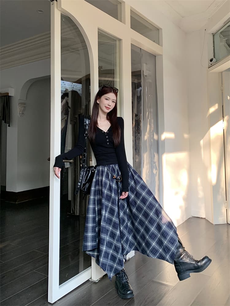 실사 불규칙 레트로 체크무늬 플리츠 반신 스커트 여성 가을 하이웨이스트 한 마디 도루 센스 품격 중간 길이 스커트 상세 이미지 16