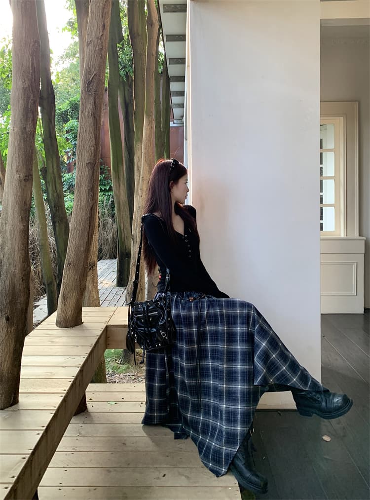 실사 불규칙 레트로 체크무늬 플리츠 반신 스커트 여성 가을 하이웨이스트 한 마디 도루 센스 품격 중간 길이 스커트 상세 이미지 17