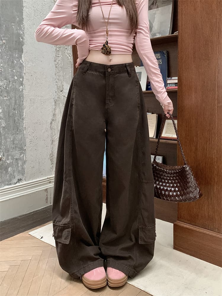 실사 아메리칸 레트로 브라운 워크웨어 청바지 여성 가을 새로운 루즈핏 넓은 다리 바닥 청소 긴 바지 상세 이미지 9