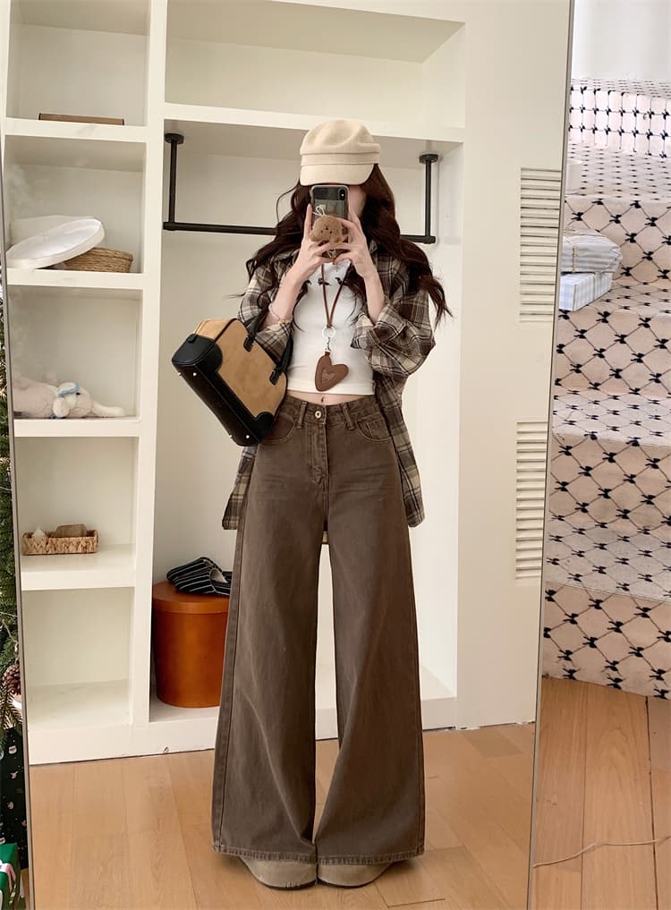 실사 가을 단색 브라운 커피 색상 넓은 다리 청바지 여성 하이웨이스트 슬림해 보이는 루즈핏 스트레이트 캐주얼 바닥 청소 긴 바지 상세 이미지 10