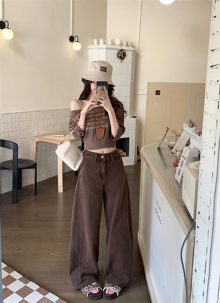 실사 가을 커피 색상 레트로 모통이 칼 넓은 다리 청바지 여성 새로운 하이웨이스트 슬림해 보이는 스트레이트 다용도 긴 바지 상세 이미지 4
