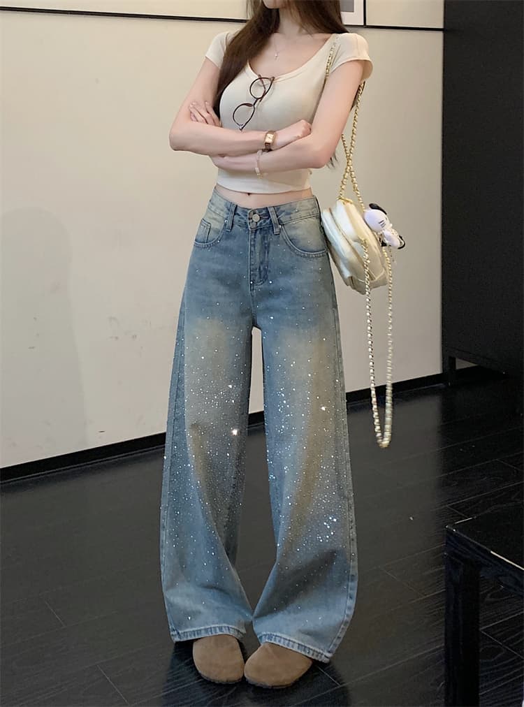 실사 봄 가을 폭발 플래시 와이드 레그 팬츠 청바지 여성 새로운 하이웨이스트 슬림해 보이는 다용도 핫픽스 스트레이트 바닥 청소 긴 바지 상세 이미지 6