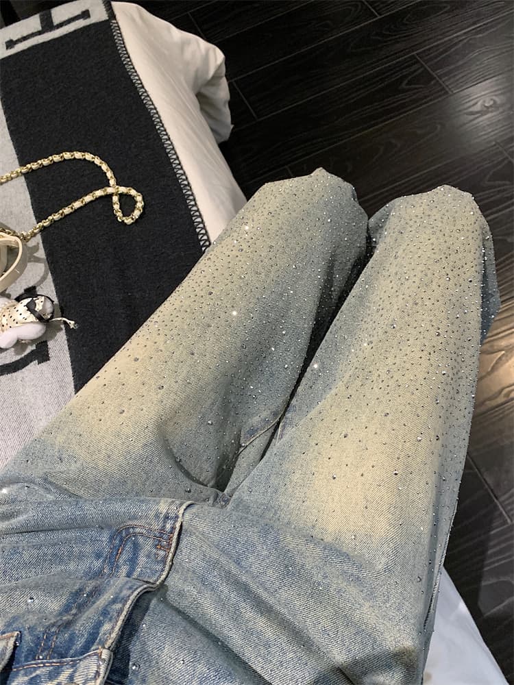 실사 봄 가을 폭발 플래시 와이드 레그 팬츠 청바지 여성 새로운 하이웨이스트 슬림해 보이는 다용도 핫픽스 스트레이트 바닥 청소 긴 바지 상세 이미지 16