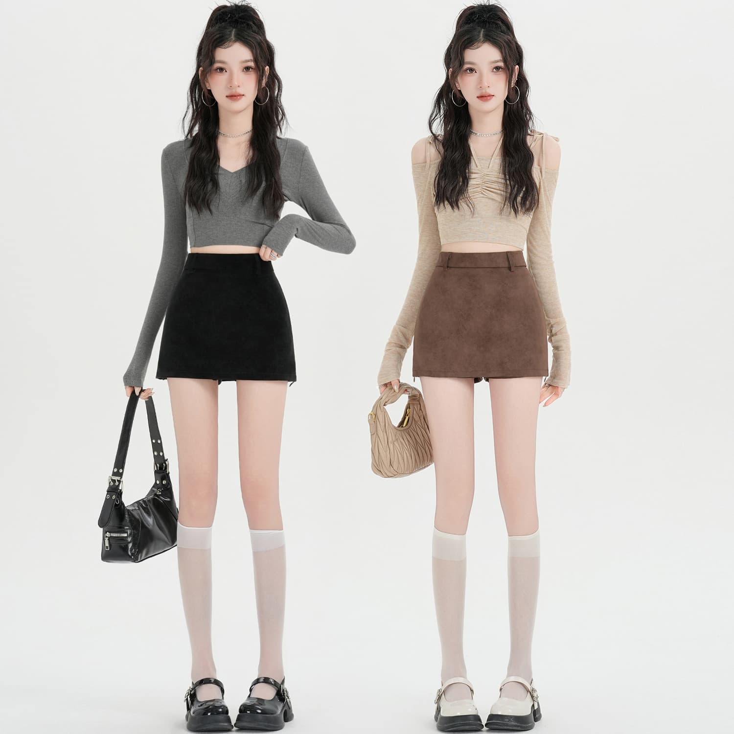 실사 새로운 아메리칸 레트로 커피 색상 가죽 짧은 치마바지 여성 작은 키 하이웨이스트 측면 트임 핫걸 타이트 스커트 반신 스커트 이미지 4