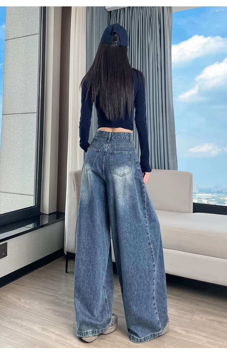 실사 레트로 워싱 모통이 칼 넓은 다리 청바지 여성 가을 하이웨이스트 슬림해 보이는 한 마디 스트레이트 도루 센스 바닥 청소 긴 바지 상세 이미지 34