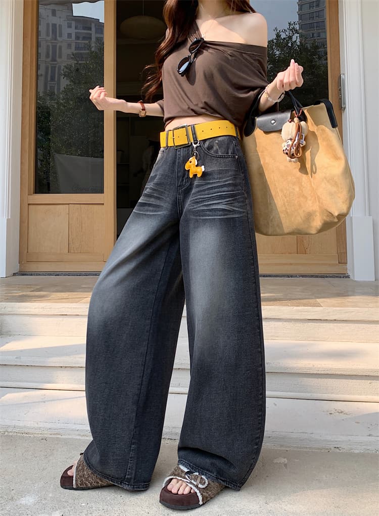 실사 레트로 워싱 넓은 다리 청바지 여성 새로운 하이웨이스트 슬림해 보이는 한 마디 스트레이트 다용도 긴 바지 가치가 없다. 벨트 상세 이미지 29