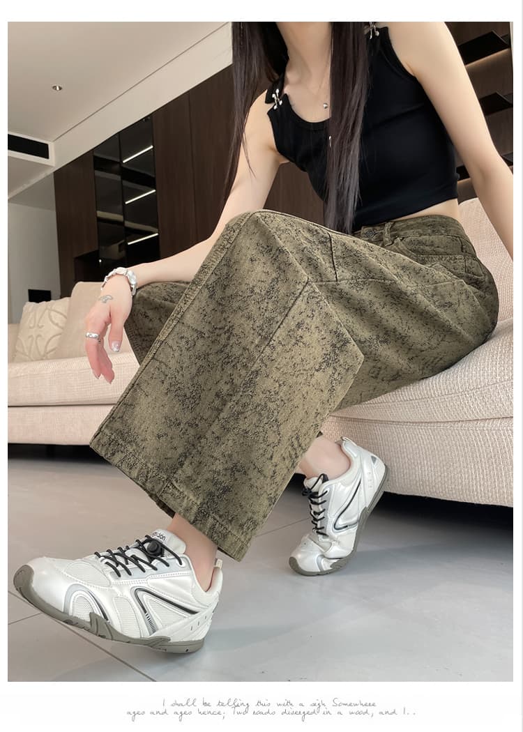 실사 아메리칸 레트로 자카드 워싱 하이 웨이스트 청바지 여성 새로운 디자인 센스 루즈핏 마이크로 아크 모통이 칼 와이드 레그 팬츠 상세 이미지 29