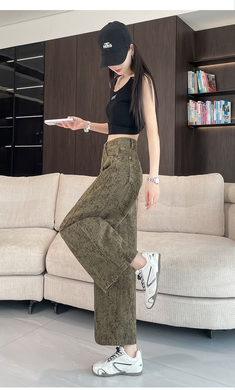실사 아메리칸 레트로 자카드 워싱 하이 웨이스트 청바지 여성 새로운 디자인 센스 루즈핏 마이크로 아크 모통이 칼 와이드 레그 팬츠 상세 이미지 31