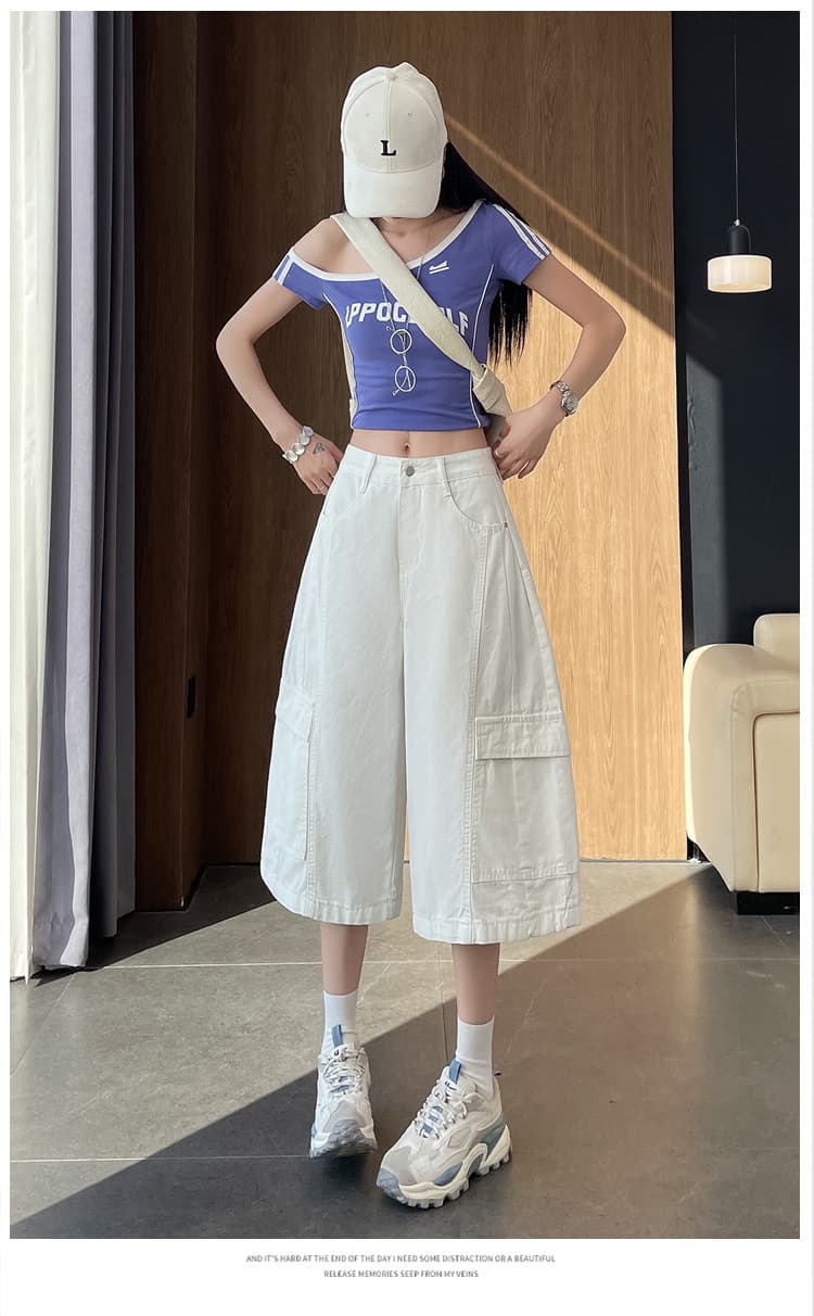 실사 화이트 워크웨어 7 점 넓은 다리 청바지 여성 여름 새로운 루즈핏 슬림해 보이는 주머니 캐주얼 스트레이트 바지 상세 이미지 21