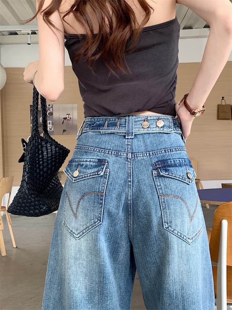 실사 아메리칸 핫걸 조정 디자인 넓은 다리 7 점 청바지 여성 새로운 하이웨이스트 주머니 자수 스트레이트 바지 상세 이미지 12