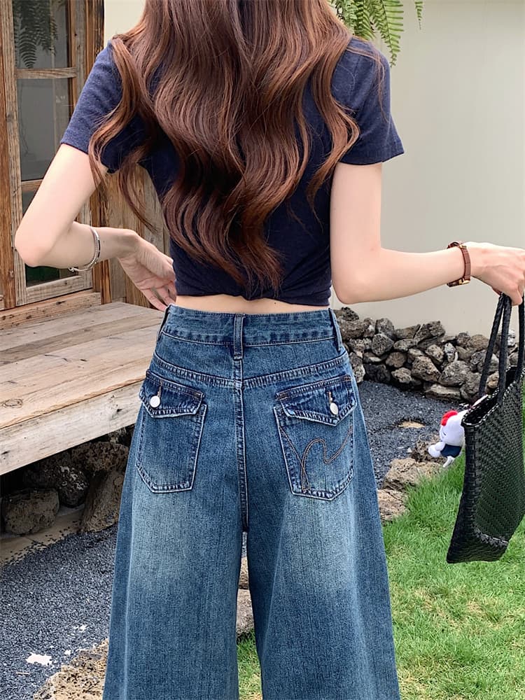 실사 아메리칸 레트로 찢어진 부분 넓은 다리 7 점 청바지 여성 새로운 하이웨이스트 루즈핏 슬림해 보이는 다용도 스트레이트 바지 상세 이미지 19