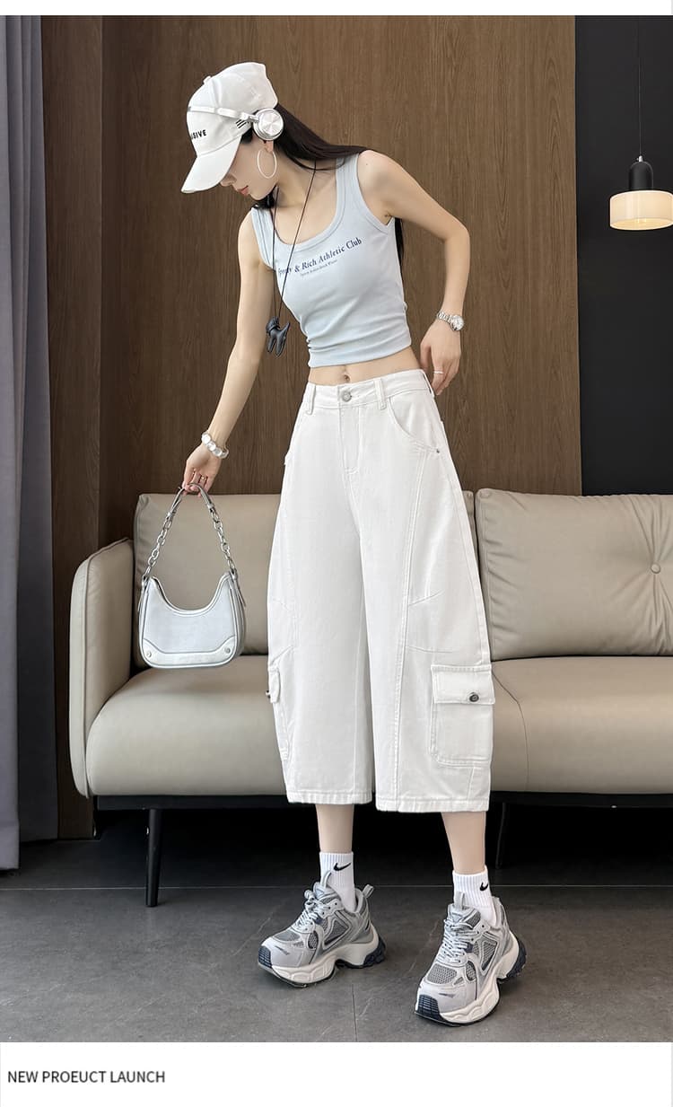 실사 아메리칸 레트로 기타 주머니 루즈핏 워크웨어 청바지 여성 여름 새로운 하이웨이스트 넓은 다리 스트레이트 7부 바지 상세 이미지 25