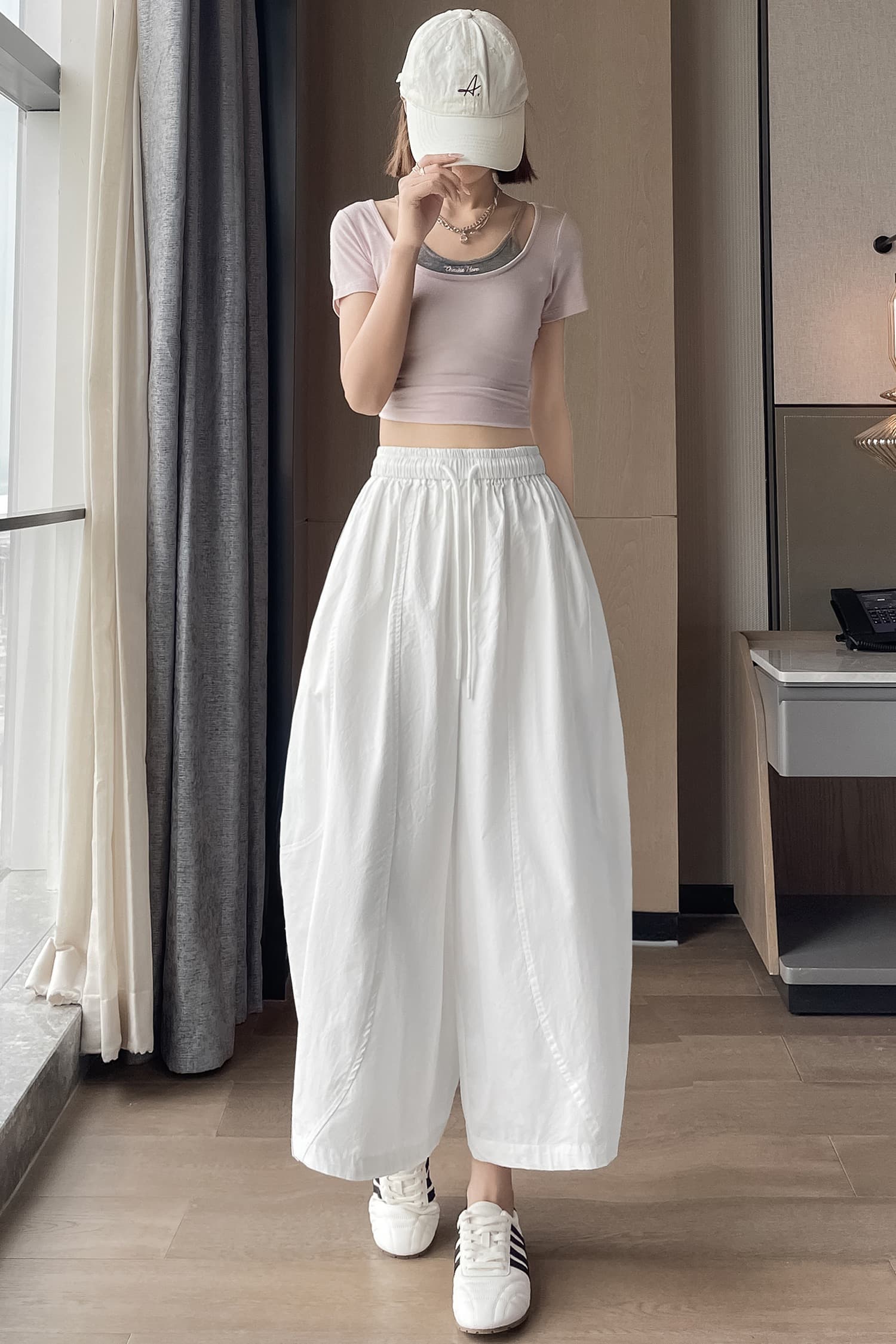 실사 화이트 허리밴드 레이스업 캐주얼 바지 여성 2026 봄 여름 새로운 하이웨이스트 루즈핏 다용도 와이드 레그 팬츠 이미지 7