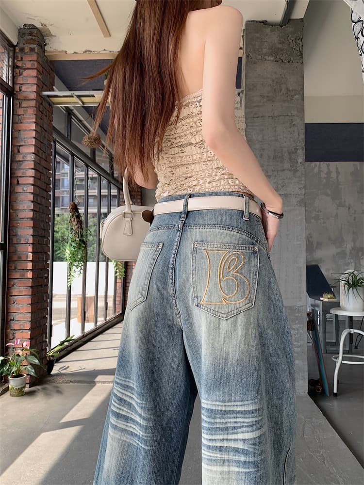 실사 아메리칸 레트로 압력 주름 워싱 넓은 다리 7 점 청바지 여성 하이웨이스트 루즈핏 슬림해 보이는 스트레이트 바지 상세 이미지 9