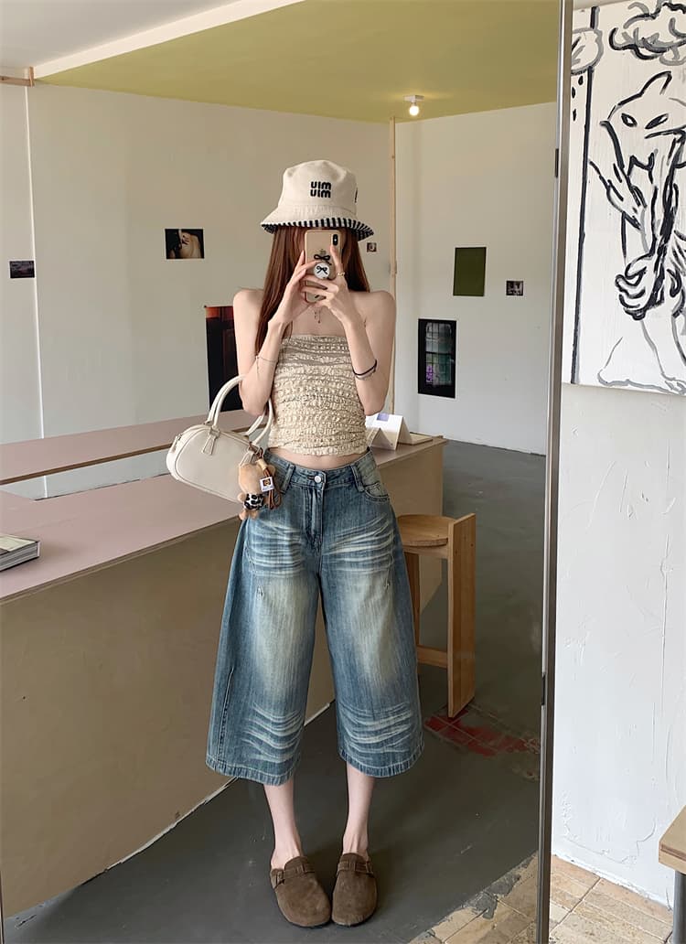 실사 아메리칸 레트로 압력 주름 워싱 넓은 다리 7 점 청바지 여성 하이웨이스트 루즈핏 슬림해 보이는 스트레이트 바지 상세 이미지 15