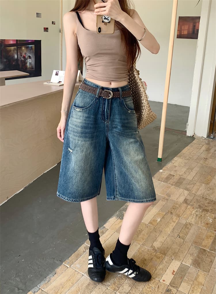 실사 아메리칸 레트로 찢어진 부분 워싱 넓은 다리 5 점 청바지 여성 새로운 하이웨이스트 슬림해 보이는 스트레이트 바지 상세 이미지 5
