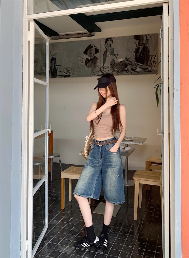실사 아메리칸 레트로 찢어진 부분 워싱 넓은 다리 5 점 청바지 여성 새로운 하이웨이스트 슬림해 보이는 스트레이트 바지 상세 이미지 6