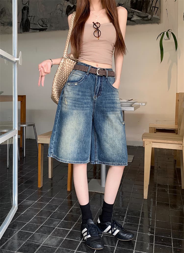 실사 아메리칸 레트로 찢어진 부분 워싱 넓은 다리 5 점 청바지 여성 새로운 하이웨이스트 슬림해 보이는 스트레이트 바지 상세 이미지 9