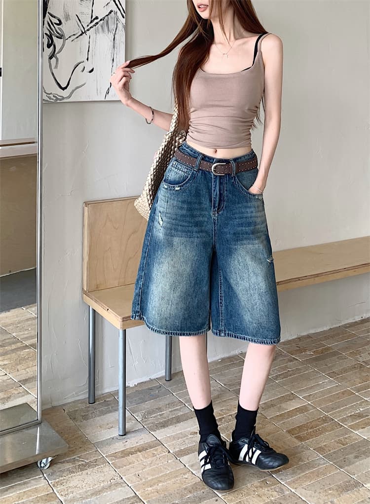 실사 아메리칸 레트로 찢어진 부분 워싱 넓은 다리 5 점 청바지 여성 새로운 하이웨이스트 슬림해 보이는 스트레이트 바지 상세 이미지 11
