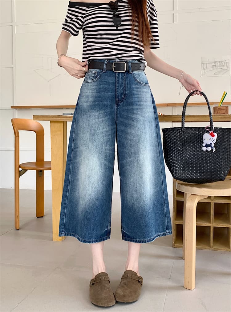 실사 아메리칸 넓은 다리 마 오래된 워싱 8 점 청바지 여성 새로운 하이웨이스트 슬림해 보이는 한 마디 스트레이트 9부 바지 상세 이미지 17