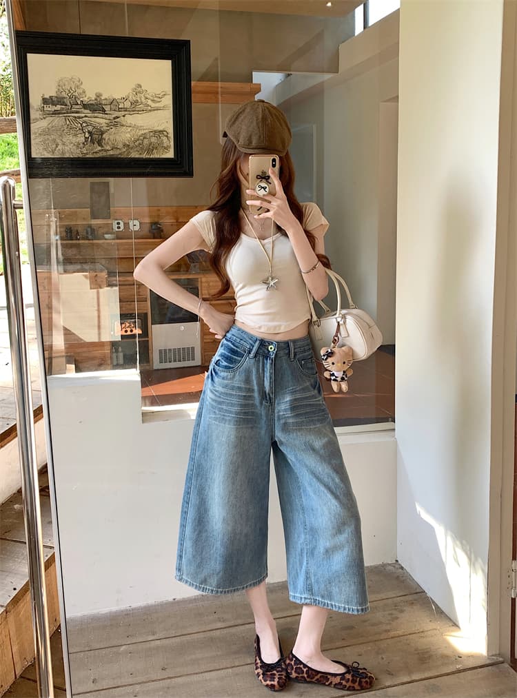 실사 아메리칸 레트로 워싱 넓은 다리 7 점 청바지 여성 새로운 하이웨이스트 루즈핏 슬림해 보이는 한 마디 스트레이트 바지 상세 이미지 8
