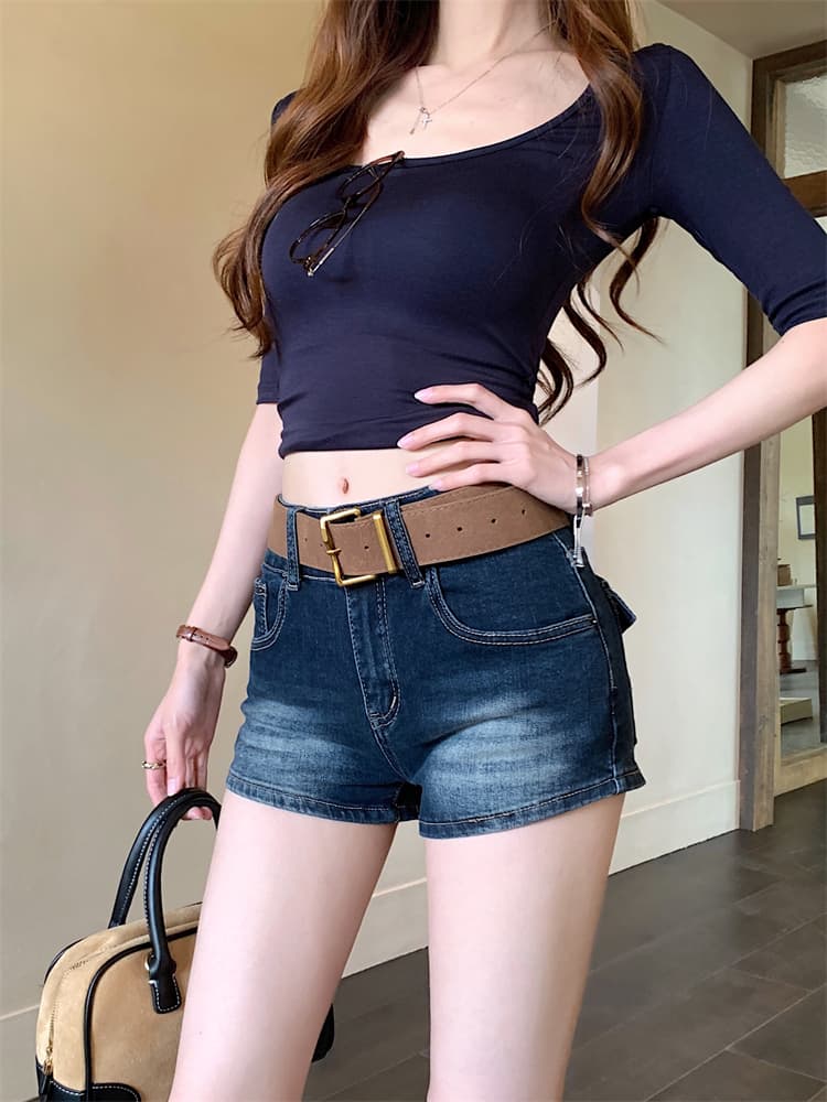 실사 아메리칸 핫걸 로우 웨이스트 데님 반바지 여성 2026 여름 새로운 레트로 다용도 한 마디 타이트 스커트 뜨거운 바지 상세 이미지 3