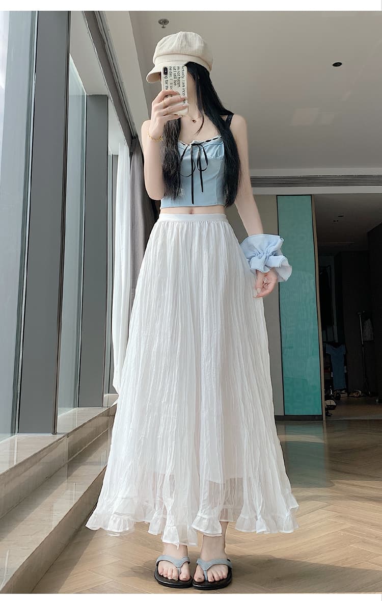 실사 주름 망사 반신 스커트 여성 여름 새로운 고급 센스 도루 센스 요정 거즈 스커트 큰 진자 한 마디 롱 스커트 상세 이미지 30