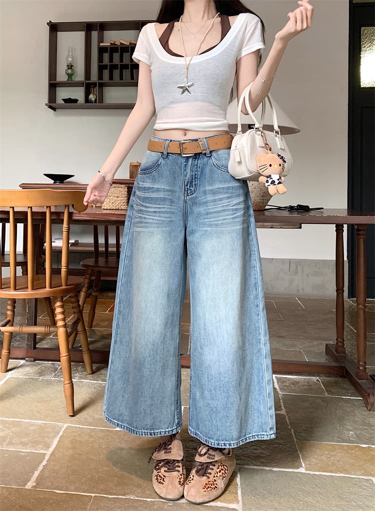 실사 아메리칸 넓은 다리 자수 데님 9부 바지 여성 여름 새로운 하이웨이스트 루즈핏 슬림해 보이는 작은 키 스트레이트 팬츠 상세 이미지 14