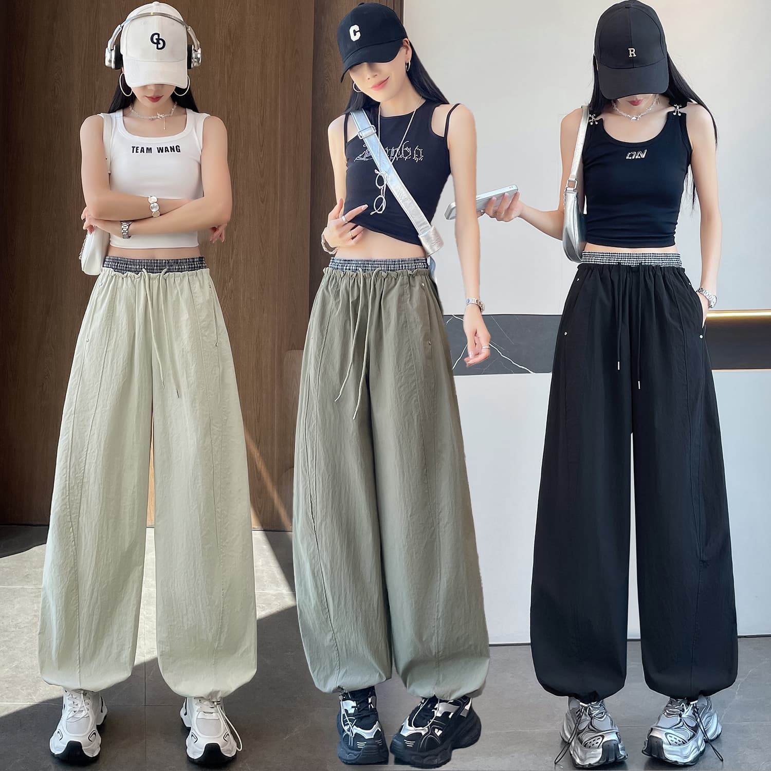 실사 여름 새로운 얼음 실크 속도 건조한 넓은 다리 캐주얼 바지 여성 하이웨이스트 패치워크 색상 디자인 루즈핏 슬림해 보이는 조거 둘 착용 이미지 2