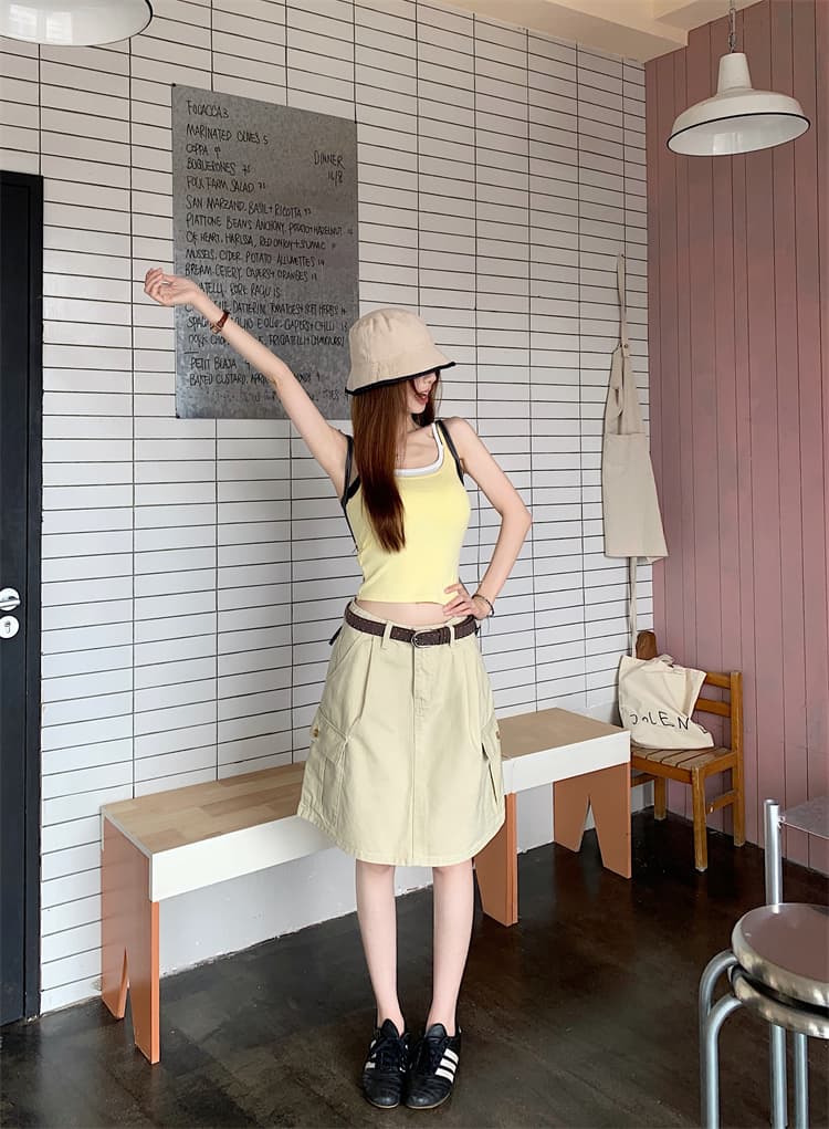 실사 레트로 워크웨어 데님 반신 스커트 여성 여름 작은 키 하이웨이스트 슬림해 보이는 한 마디 루즈핏 캐주얼 중간 스커트 상세 이미지 13