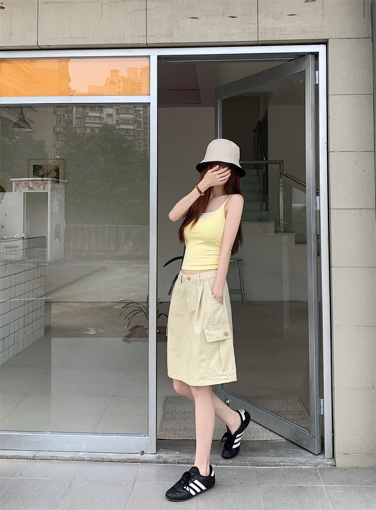 실사 레트로 워크웨어 데님 반신 스커트 여성 여름 작은 키 하이웨이스트 슬림해 보이는 한 마디 루즈핏 캐주얼 중간 스커트 상세 이미지 17