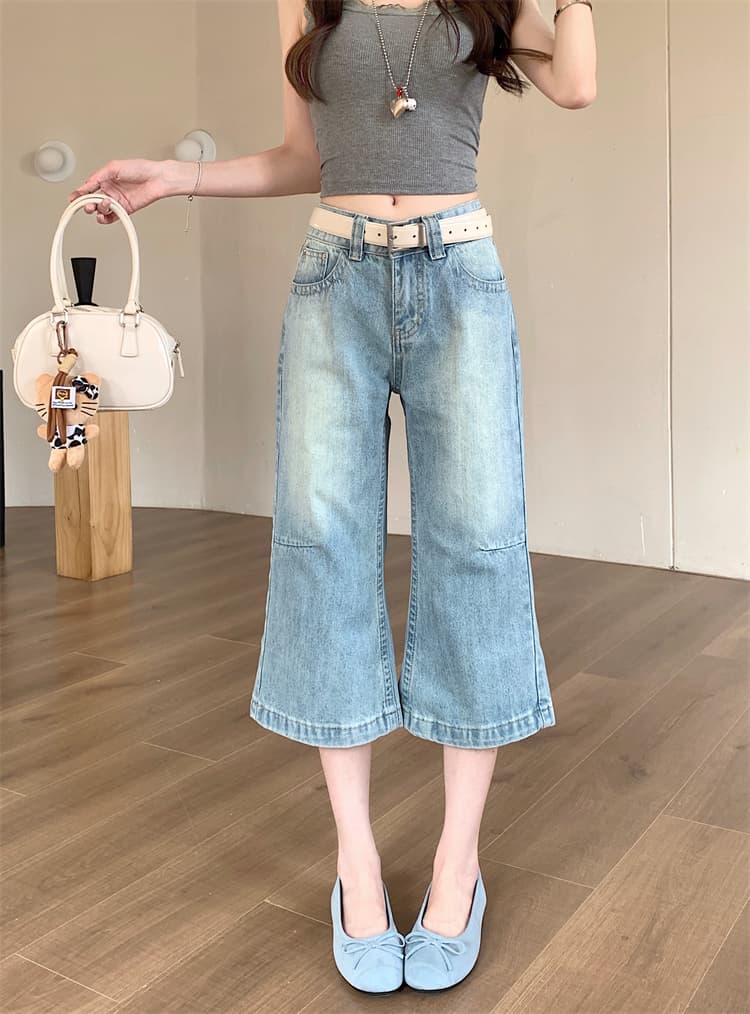 실사 여름 아메리칸 영국식 워시 물 세련된 워싱 부츠컷 바지 넓은 다리 8 점 청바지 여성 이미지 2
