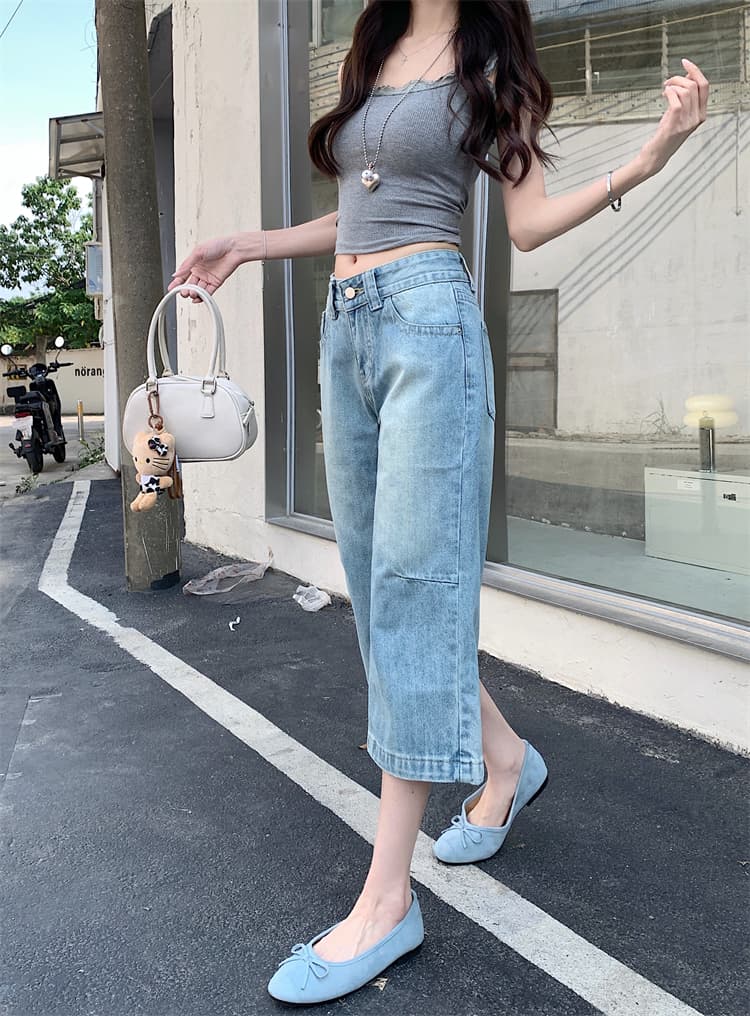 실사 여름 아메리칸 영국식 워시 물 세련된 워싱 부츠컷 바지 넓은 다리 8 점 청바지 여성 상세 이미지 11