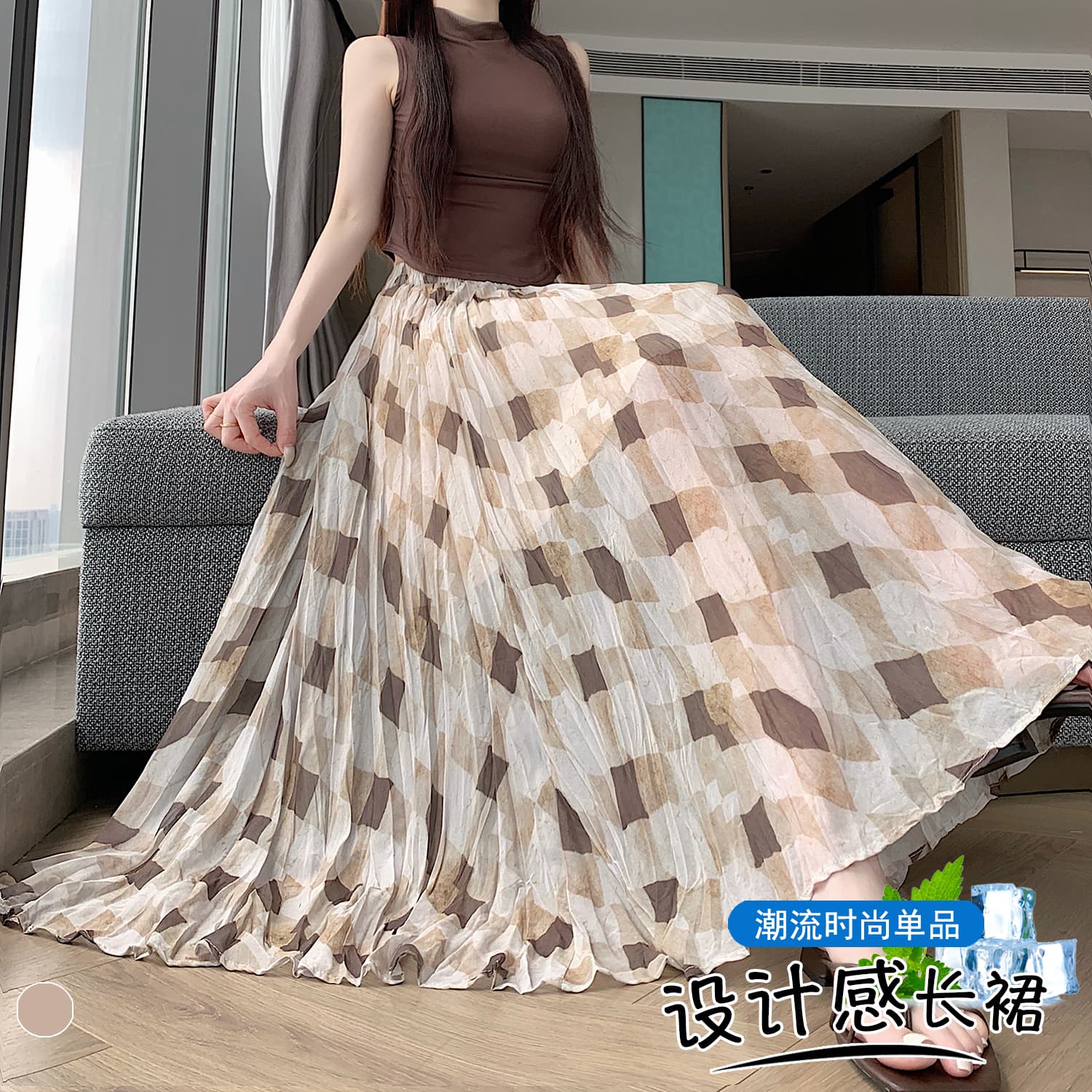 실사 복잡한 고대 돈 바람 기하학 체크무늬 반신 스커트 여성 여름 새로운 큰 진자 한 마디 도루 센스 우아한 롱 스커트 이미지 4