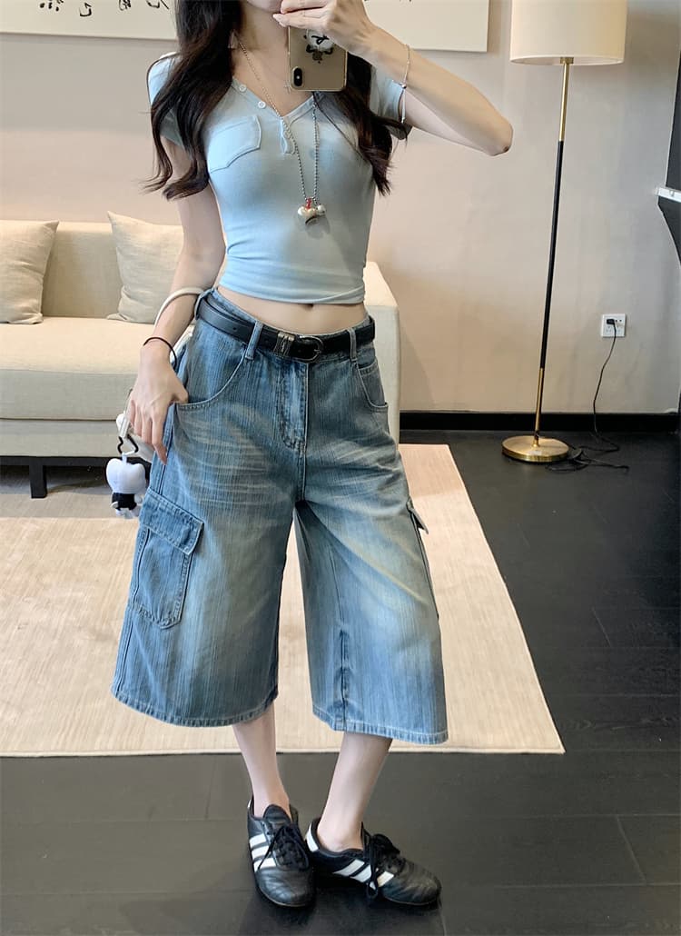 실사 무거운 작업 워싱 기타 주머니 워크웨어 데님 7부 바지 여성 하이웨이스트 슬림해 보이는 루즈핏 넓은 다리 스트레이트 바지 상세 이미지 14